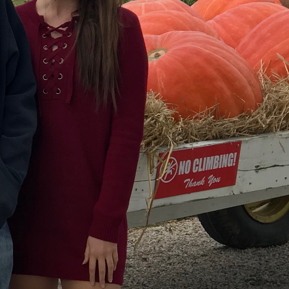maroon tie up sweater dress